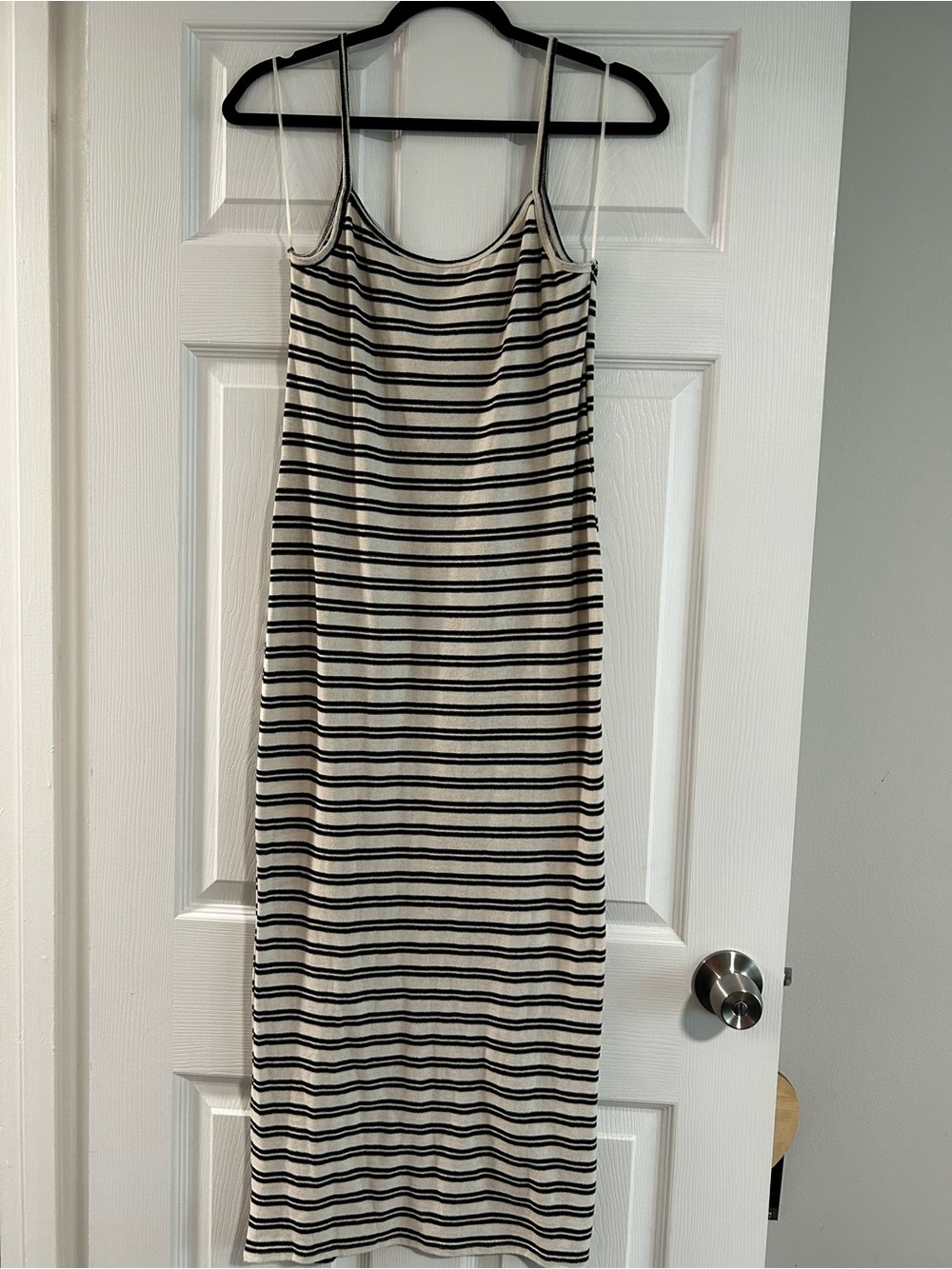 ZARA Black and Cream Striped Midi Slip Dress with Low Back